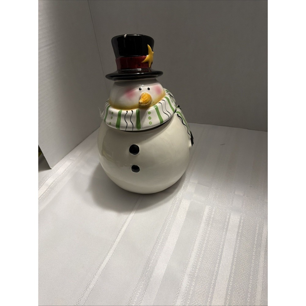 Ceramic Snowman Cookie Jar Christmas Holiday Decor Top Hat Scarf White Green